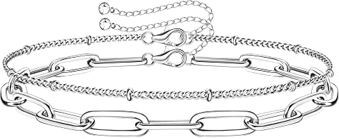 KRFY 2Pcs Silver Bracelets for Womens 925 Sterling Silver Clasp Paperclip Chain Bracelets 14K White Gold Plated Solid Diamond-Cut Womens Bracelet Adjustable Layered Bracelet for Women Girls