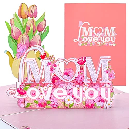 Muttertagskarte 3D Geburtstagskarte Mama Sonderausgabe, MOM Pop Up Karte mit Schönen Papier-Cut, Blumenstrauß Geburtstagskarten mit Umschlag, Muttertag Geschenk für Mutti(Tulpe)