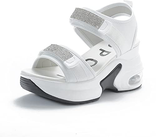 JAOOUU Sandali con Zeppa Donna Estivi Comode Pelle Sandali con Tacco a Spillo Sportivi Sandali con Punta Aperta Aumentano L'altezza Grazie al Cuscino D'aria Bianco 39EU