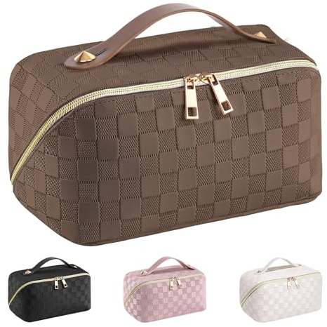 Neceser Maquillaje,Grande Neceser Viaje Mujer de PU Neceser Cuero,Makeup Bag,XXL Organizador Bolsa de Aseo para Maquillaje Necessaire Viajes Accesorios de Mujer(Enrejado-Marrón)
