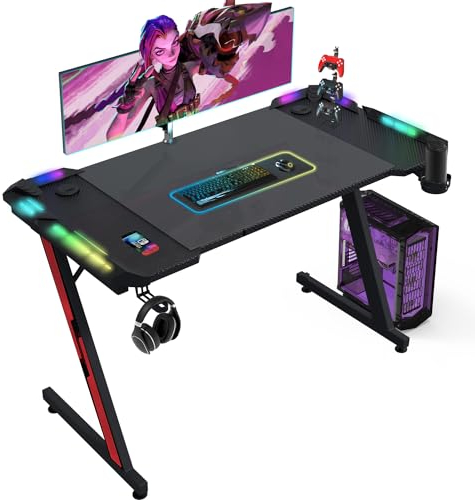 Devoko Mesa Gaming LED 120 x 60 cm, Escritorio Gaming de Fibra de Carbono, Mesa de Juego, Escritorio de Juego Ergonómico con Ganchos para Auriculares y Soporte para Vasos de Agua