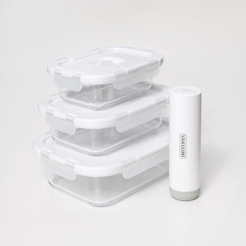 VAKUUMI - Vakuumdose Starterset, Vakuumpumpe inkl. 3 Vakuumbehälter aus Glas, Kabelos und aufladbar, Laufzeit bis zu 150 Min