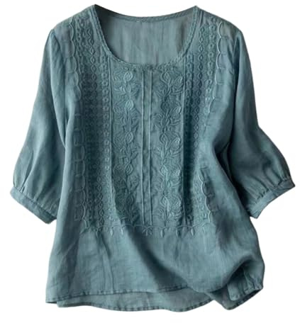 ORANDESIGNE Camicia Donna Estiva Bluse Elegante Girocollo Manica 3/4 Cotone Lino Camicia Ricamo Maglietta Estiva Casual retrò Shirts Tops Camicie Lino T-Shirt A Blu XXL