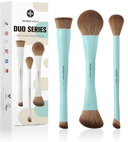 EIGSHOW Makeup Brush Set, 3PCS Double Ended Face Makeup Brushes for Foundation Concealer Blush Contour Highlight Nose Shadow, Travel Gift Set (Cyan)
