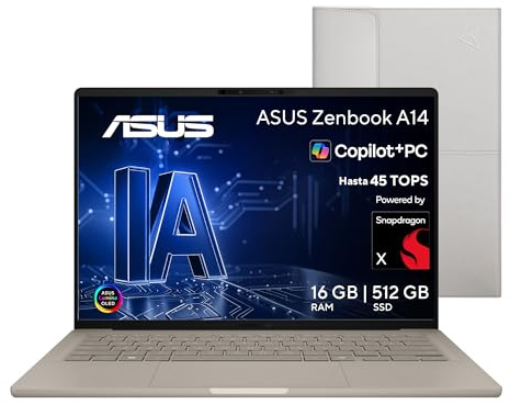 ASUS Laptop Zenbook A14/14 OLED/Snapdragon X X1 26 100/NPU fino a 45 TOPS/16GB RAM/512GB SSD/Fotocamera FHD con IR/Tastiera retroilluminata in spagnolo/custodia(Garanzia e servizio in Messico)