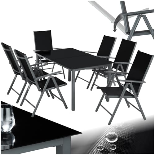 tectake® Set Mobili da Giardino in Alluminio, 6 Sedie Pieghevoli e Reclinabili, Tavolo 150x90 cm con Piano in Vetro di Sicurezza, Set Mobili da Esterno, Design Elegante – Grigio Scuro