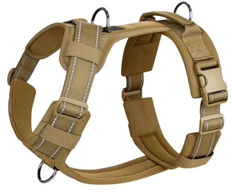OneTigris Hundegeschirr, Diesel Einstellbar Taktisches Geschirr Weich Gepolstert Brustgeschirr für mittelgroße und große Hunde mit Reflektierend, 1 Griff, 3 D-Ringe (Braun, M)