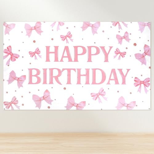 Happy Birthday Hintergrund Rosa Schleife Geburtstag Deko, Party Geburtstagsdeko Damen Foto Hintergrund Hängedeko Party Schleifen Wanddekorationen für Damen Geburtstag Babyparty (180x110 cm)