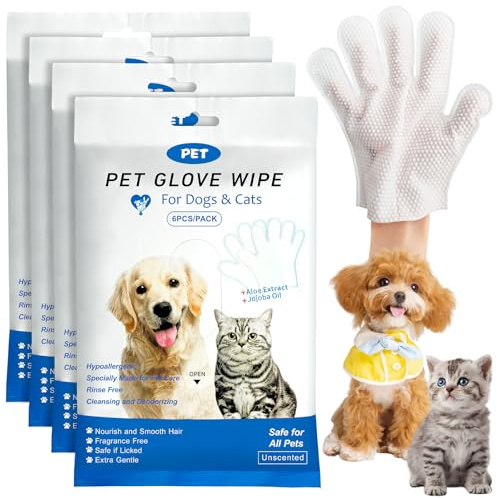 XIANGLONGY 24 guanti per la cura del pelo e salviette per cani, panni extra spessi per la cura quotidiana del corpo, senza acqua e inodore per cani e gatti (confezione da 4)