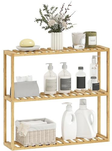 HOMCOM Étagère de Rangement en Bambou réglable, étagère de Salle de Bain à 3 Niveaux, à Poser ou Murale, pour Chambre, Cuisine, Salon, Salle de Bain, 60 x 15 x 54 cm, Effet Bois Naturel