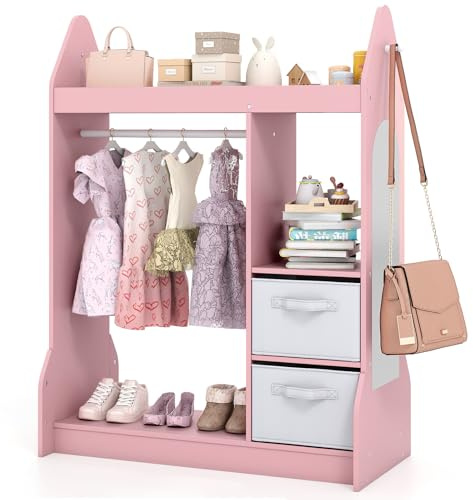 DREAMADE Kinderkleiderschrank mit Spiegel & Kleiderstange, Kindergarderobe mit 3 Regalen & 2 Faltbare Stoffboxen, Kleiderständer für Kleidung & Spielzeug für Kinderzimmer, 81 x 38 x 107 cm (Rosa)