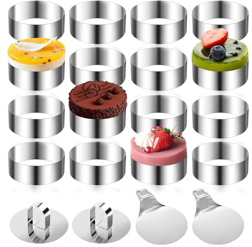 16 PCS Mousse Ring Set, 8cm Baking Rings Stainless Steel Cake Rings Round Mousse Mould Ring Cake Mold with Food Press Spatula for Crumpets Eggs Pastry Desserts