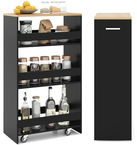 COSTWAY Nischenwagen 25cm breit, 4 Etagen Küchenwagen schmal, Nischenregal auf Rollen, Servierwagen mit Griff & Geländern, Badregal Holz, für Küche, Badezimmer, 47,5 x 25 x 80,5 cm (Schwarz)
