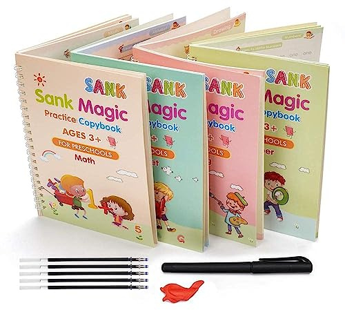 MINtile Sank Magic Practice Copybook, (4 bok + 10 refill) Number Tracing Book for Preschoolers with Pen, Magic Calligraphy Copybook Practical Reusable Writing Tool Simple Hand Lettering