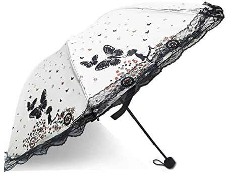 Maibar Sun Umbrella UV Protection for Women Hand Parasol Folding Umbrellas Flower Butterfly Lace Umbrellas for Ladies in Summer (Beige)