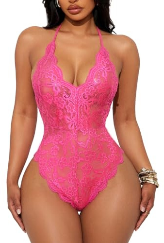 Buitifo Kvinnor Lace Bodysuit One Piece Babydoll Backless Mini Teddy V Neck Underkläder（Pink1,S)