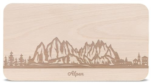 GRAVURZEILE Frühstücksbrettchen mit Gravur - Skyline Alpen - Holz Schneidebrett Vesperbrett Brotzeitbrett - Geschenk für Stadtverliebte - Ideal auch als Souvenir