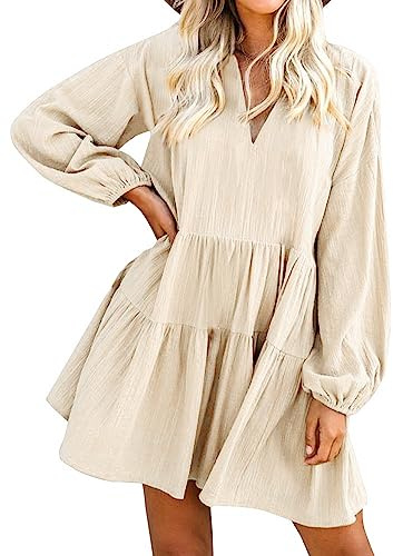 FANCYINN Robe Droite à Manches Cloche à Volants pour Femmes Babydoll Mini Robe décontractée en Lin avec Poches à Manches Longues Abricot S