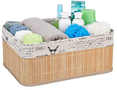 Relaxdays Cesta in Bambù Portaoggetti, con Rivestimento con Stampe Retrò, Rettangolare, 16,5x38x28,5 cm, naturale