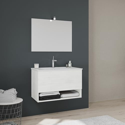 Kiamami Valentina - Mobile sospeso per bagno cassetto+vano bianco effetto legno | Venezia