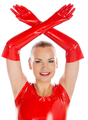 Rubberfashion Latex Handschuhe lang Rubber Gloves - ellenbogen - Latexhandschuhe lang für Damen und Herren Paar rot 0.4mm M