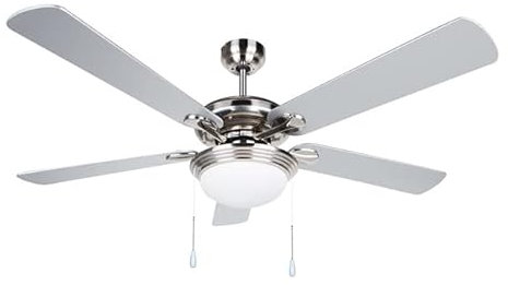 Suinga Ventilatore da soffitto con luce, 5 pale reversibili, diametro 132 cm, potenza 60 W, 3 velocità, cromato, grigio