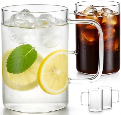 Aquach 4 x 530 ml transparente Glas-Kaffeetassen mit Henkel – große Tassen für Kaffee, Tee, Latte, Cappuccino