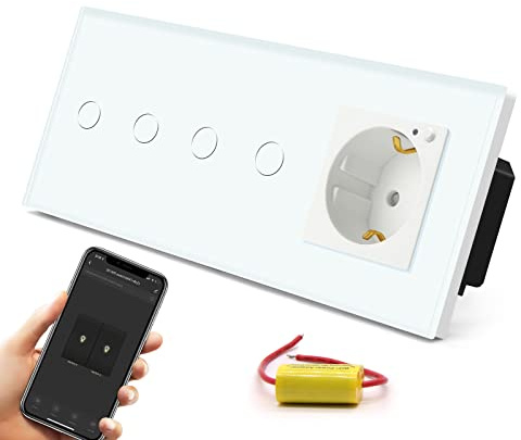 BSEED Schuko WLAN Steckdose mit Single Live Wifi Touch Schalter Wandsteckdose Unterputz Senkrecht aus Glas mit Doppelt Smart Alexa Lichtschalter(Kein Neutralleiter Erforderlich) 2 Fach 1 Weg Weiß