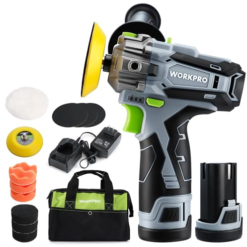 WORKPRO 12V Cordless Polisher, 3 Mini Car Detailing Buffer & Sander Machine Kit with 2 Li-Ion Batteries, Variable Speed Trigger for Auto/DIY Polishing/Sanding/Waxing