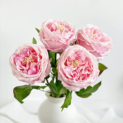 YalzoneMet Künstliche Rosenblumen, hellrosa, 4 Stück, natürliche echte Rosen, künstliche 45 cm, einzelner langer Stiel, Austen-Rosen, Pfingstrosen, Dekoration, Brautstrauß