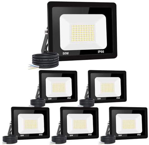 Jefedana 50W LED Außenstrahler, 5000LM 3000K IP66, 6 Stück | 5000LM hell, 3000K Warmweiß, IP66 wasserdicht, Alu-Gehäuse, 50000h, 80% sparend, für Garten/Garage/Hotel/Sportplatz