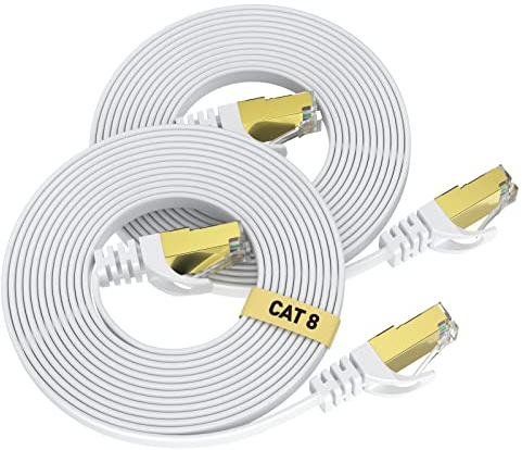 VOIETOLT Cavo Ethernet CAT8 da 1 Metri 2Pezzi, 40Gbps/2000Mhz Cavo di Rete Internet Lan Gigabit RJ45 Cat-8 Cavo Patch piatte Schermato Resistente per Modem per Router per PS4/5 TV PC (Bianco)