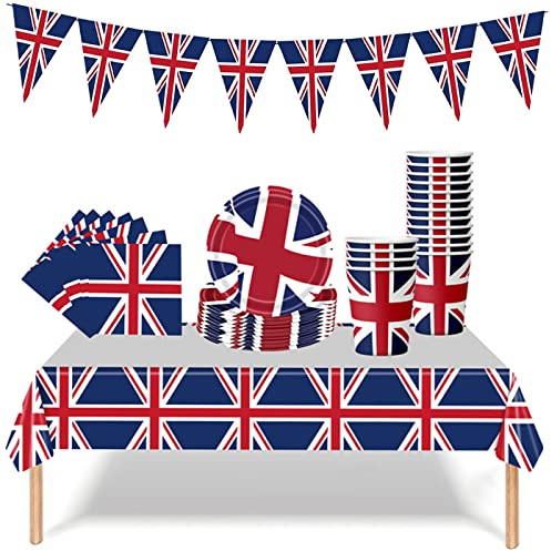 Union Jack Party Tableware Kit,1P VJ Day Tablecloth 20P Paper Napkins and 16P VJ Day Plates and Cups for VJDay 80th Anniversary Party,UK Flag Dinnerware for Celebrate 80 Years Victory Table Decor