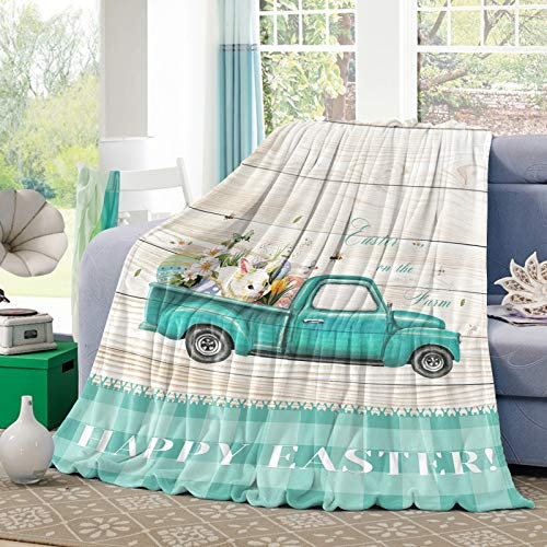 Sofaüberwurf Decke Bauernhaus-Holzbrett Mit LKW-Osterhasen-Gefärbten Eiern Superweiche Fleecedecke Falten Beständig Überwurf Decke Für Camping Bett Geschenke 50x40