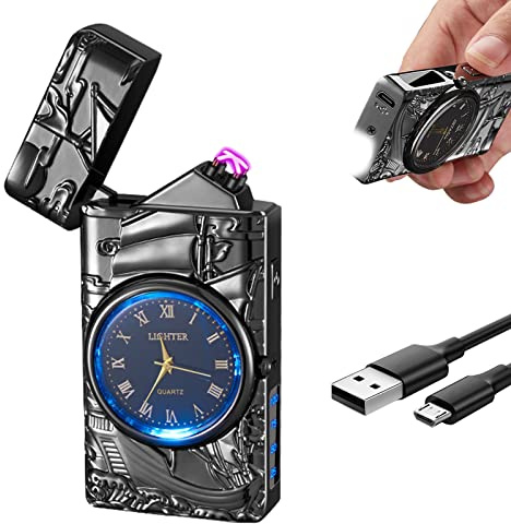 COMANYI Accendino elettrico con quadrante dell'orologio e display a LED, accendino al plasma, antivento, ricaricabile tramite USB, idea regalo per uomo e donna (veliero, nero)