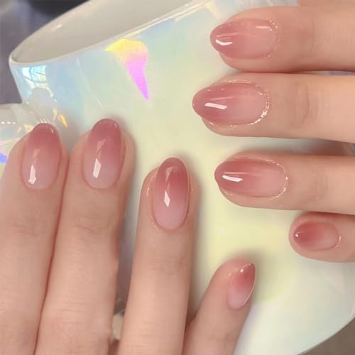 24 Pezzi Unghie Finte Nude Sfumate Corte Mandorla Unghie Artificiali Adesive Press on Nails French Acrilico Copertura Completa Stick sulle Unghie Ovali per Donne e Ragazze Nail Art
