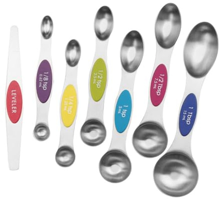HOMSFOU Cuillères Doseuses Magnétiques En Acier Inoxydable 6 Pièces Double Tête Avec Niveleur Pour Cuisine Mesure Précise Sel Poudre Ingrédients Rangement Aimanté Facile