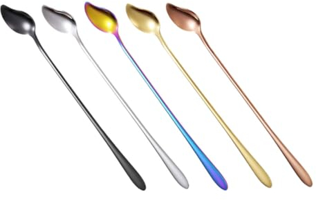 LIFKOME Stainless Steel Mixing Spoons and Stirring Spoons Set 5pcs Long-Handled Color Variety for Ice Drinks and Baking