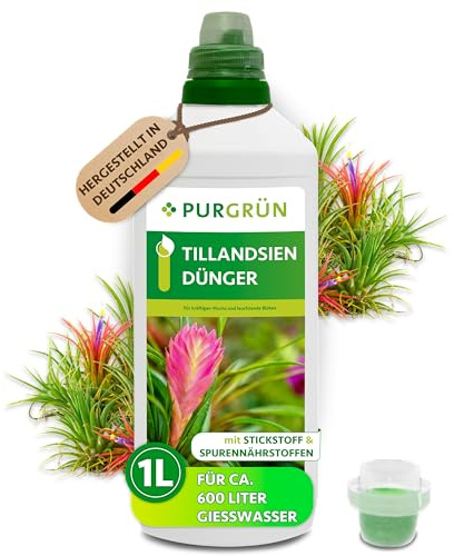 Purgrün® Tillandsien-Dünger 1 Liter – Leuchtende Blattfärbung durch Spurennährstoffe – Extra Kalium reduziert Trockenstress – Konzentrat für ca. 600 Liter Düngerlösung – Premium-Flüssigdünger