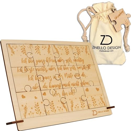 ZINELLO DESIGN Holzpuzzle Schwangerschaft Wer Bin ich – Holz mit Rahmen | 21 x 15 cm, 12 Holzteile, Holzrahmen, Baumwollbeutel und „Überraschung!“-Teil für die klar gravierte Botschaft auf Deutsch