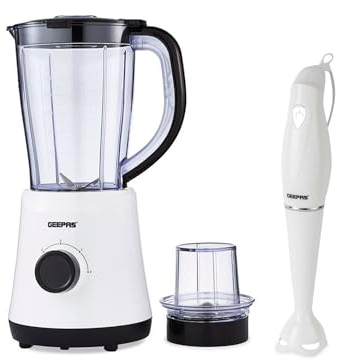 GEEPAS 500W Electric Jug Blender and 180W Hand Blender Combo, Smoothie Maker, Stainless Steel Blades, 2 Speed Pulse Function, 1.5L Jar Coffee Grinder Mill, Food Processor Hand Blender, Black & White