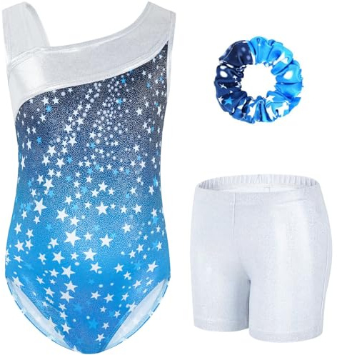 Gogokids Mädchen Drei Teiliges Gymnastikset, Y-Hals Ärmelloser Leotard mit Shorts und Haarband, Ballett Tanzender Leotard Gymnastikoutfit mit Blauem & Purpurfarbenem Farbblockdesign, 3-12 Jahre