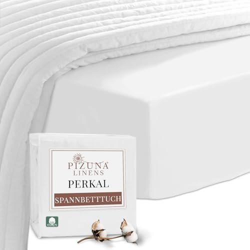 Pizuna Perkal Spannbettlaken 90x200-100x200 Baumwolle Weiß | Atmungsaktiv 100% langstaplige Baumwolle in Perkalbindung Spannbettlaken mit 40 cm tiefer Tasche Mako Satin