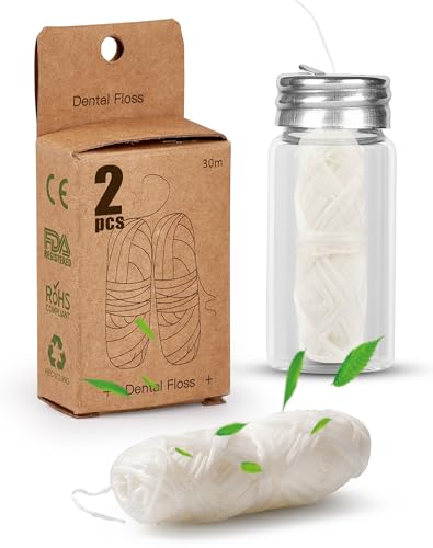NETONDA 2x30m Nachhaltig Zahnseide 60m Natur Zahnseide im Glas-Zahnseidespender Zahnzwischenraumreiniger Zahnseide Minze Dental floss Vegan Zahnpflege Öko Zahnseide gewachst mit Candelilla