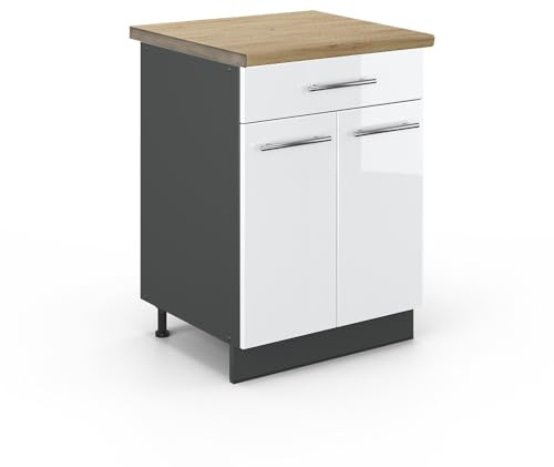 Vicco Küchenunterschrank Fame-Line, Weiß Hochglanz/Anthrazit, 60 cm mit Schublade, AP Eiche