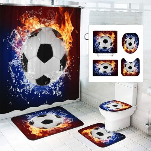 Fadaing Fußball Duschvorhang 180 x 200 180 x 180 Cartoon Fußball Duschvorhänge Wasserdichtes Polyester 3D Fußball Duschvorhang Badezimmermatte 4-teiliges Set (120 x 200 cm,1)