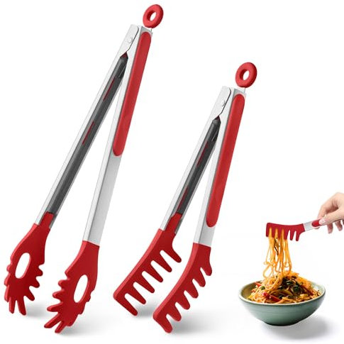 2 pinze per pasta e spaghetti, in silicone resistente al calore, 22,9 cm e 30,5 cm, pinze per pasta e spaghetti con denti, pinze in silicone per servire cibo, cucinare, insalata, spaghetti e spaghetti