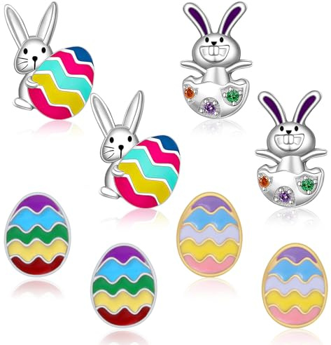 YUNHENTONG Conejo Pascua Pendientes Huevo Pascua Pendientes Divertidos Animales Pendientes Huevo Regalo Pascua y Niñas Mujer (4 Pares)