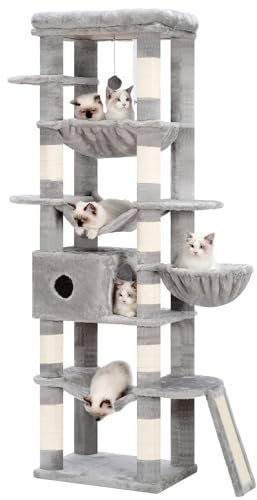 Hey-brother Árbol rascador 175 cm, múltiples pisos, muebles para gatos con plataformas grandes, hamaca espaciosa, cuevas, cestas, placa rascador y bola de felpa, gris claro