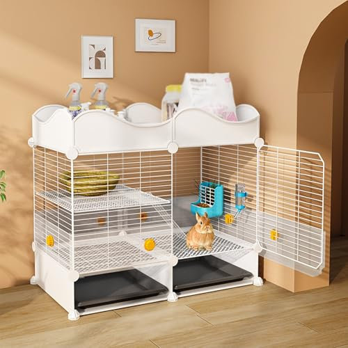 Kleiner 2-stöckiger Kaninchenkäfig, Innenstall mit Stauraum – Kaninchenhaus mit 2 ausziehbaren Tabletts für Frettchen, Chinchillas, Igel